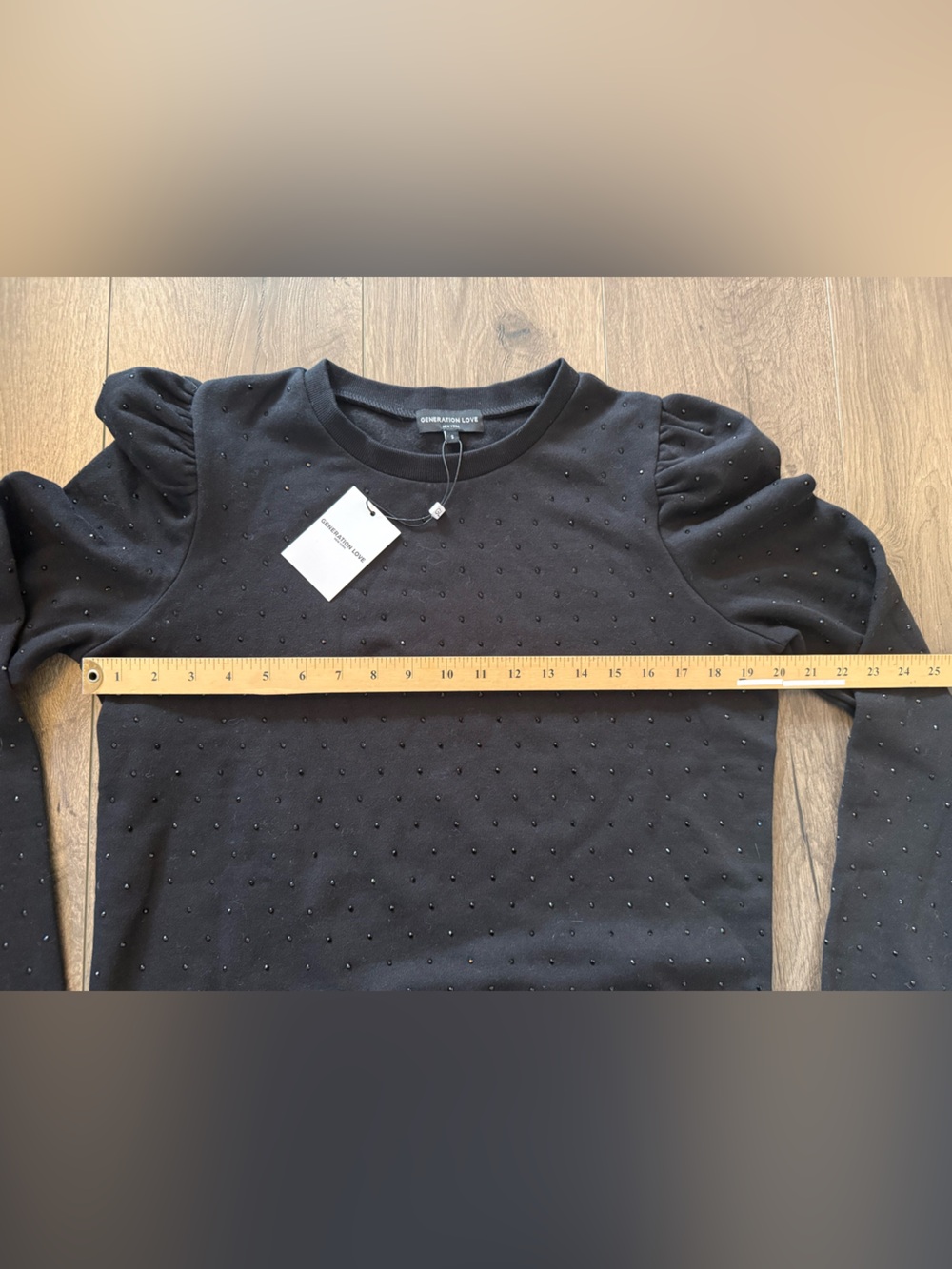 Generation Love Tara Crystal Embellished Puff Shoulder Sweatshirt Black S NWT - Picture 7 of 8